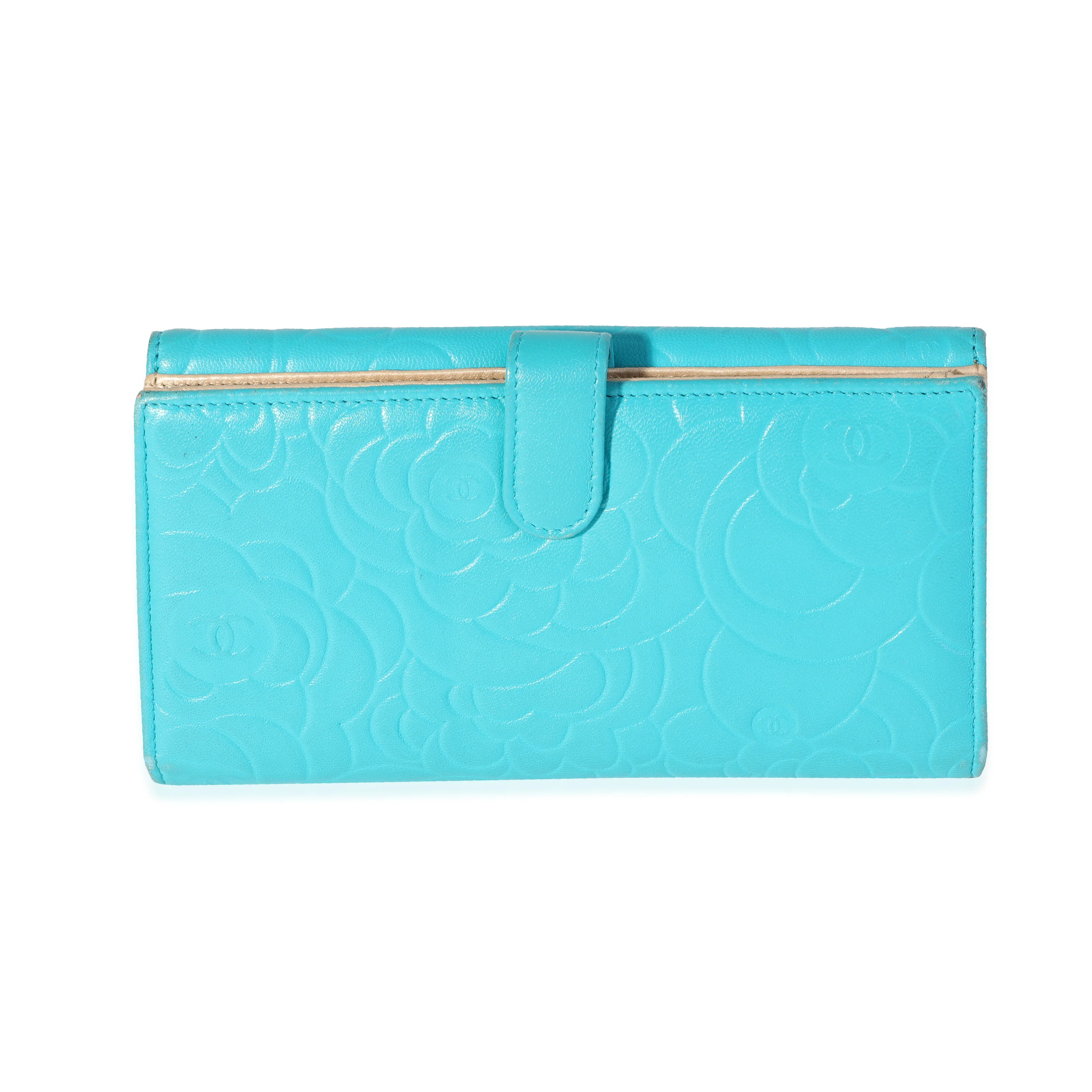 Chanel Teal Camellia-Embossed Lambskin Wallet - Image 3