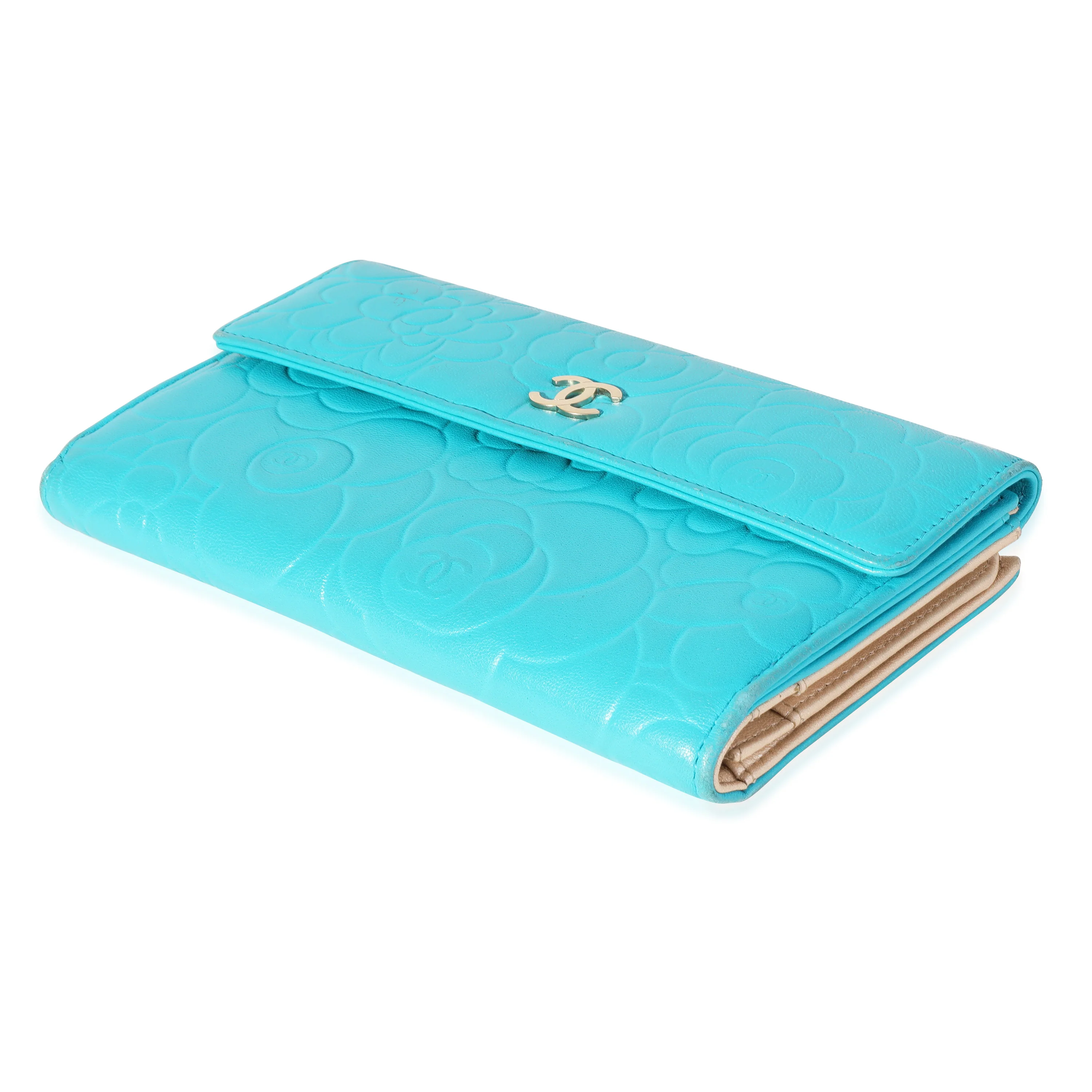Chanel Teal Camellia-Embossed Lambskin Wallet - Image 4