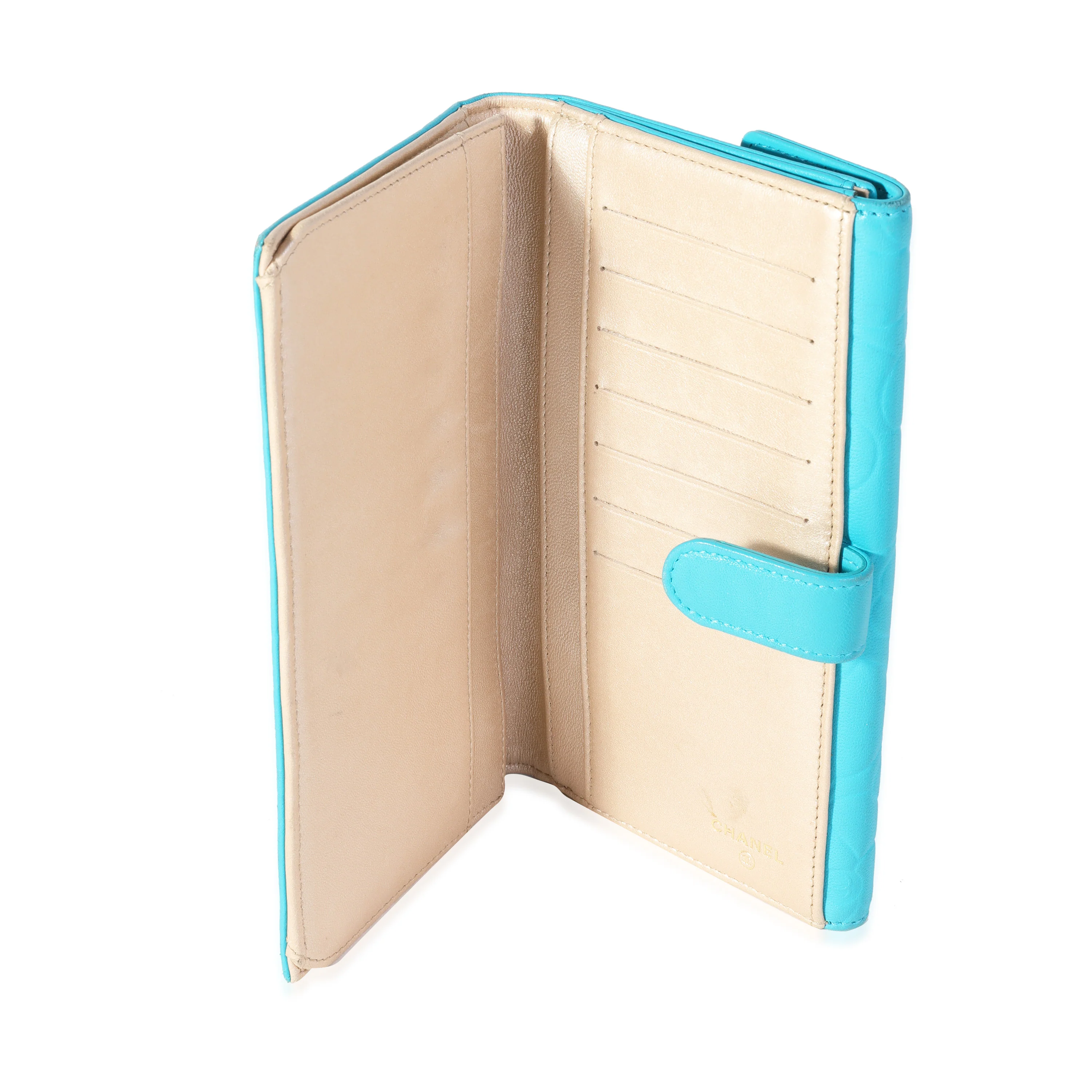 Chanel Teal Camellia-Embossed Lambskin Wallet - Image 5
