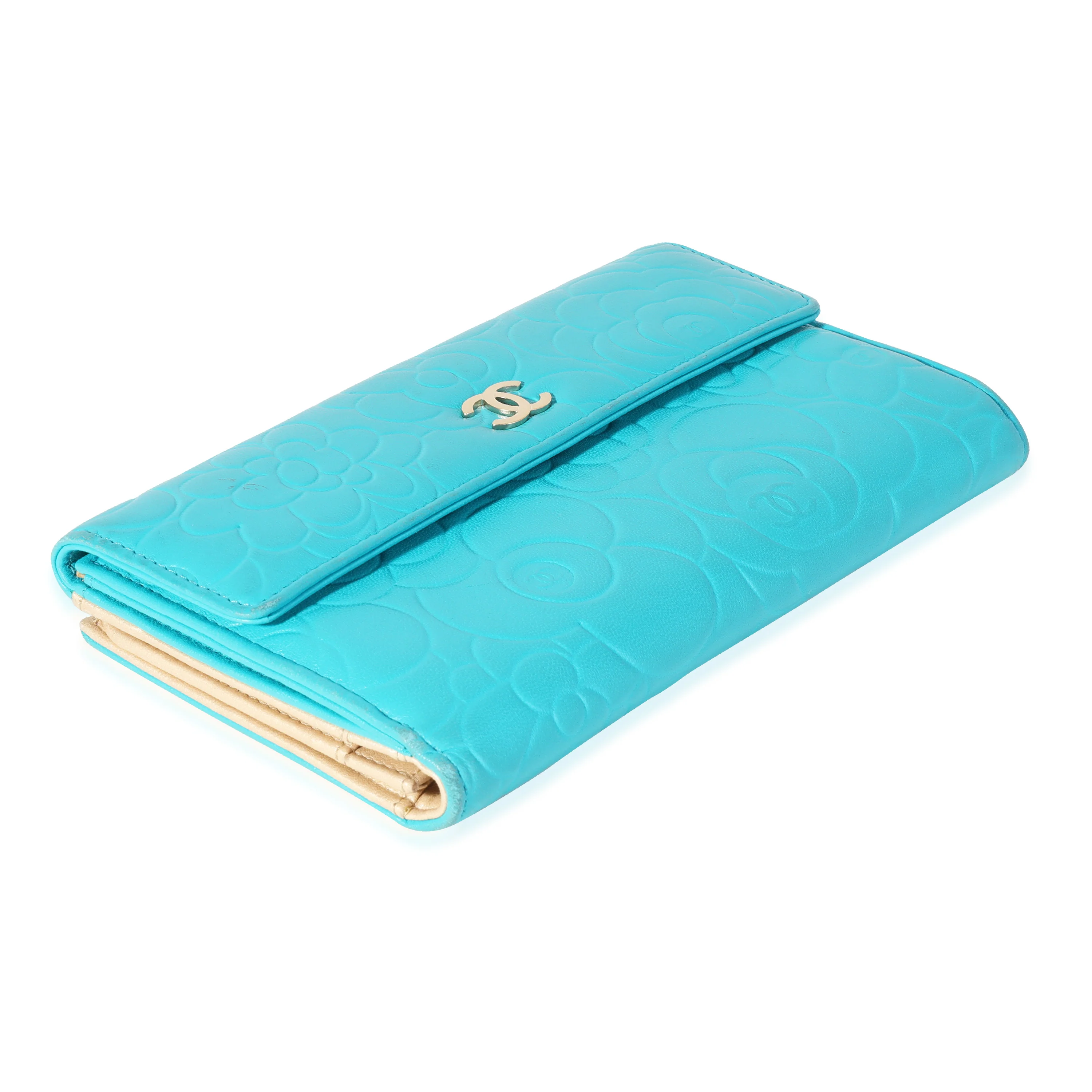 Chanel Teal Camellia-Embossed Lambskin Wallet - Image 6