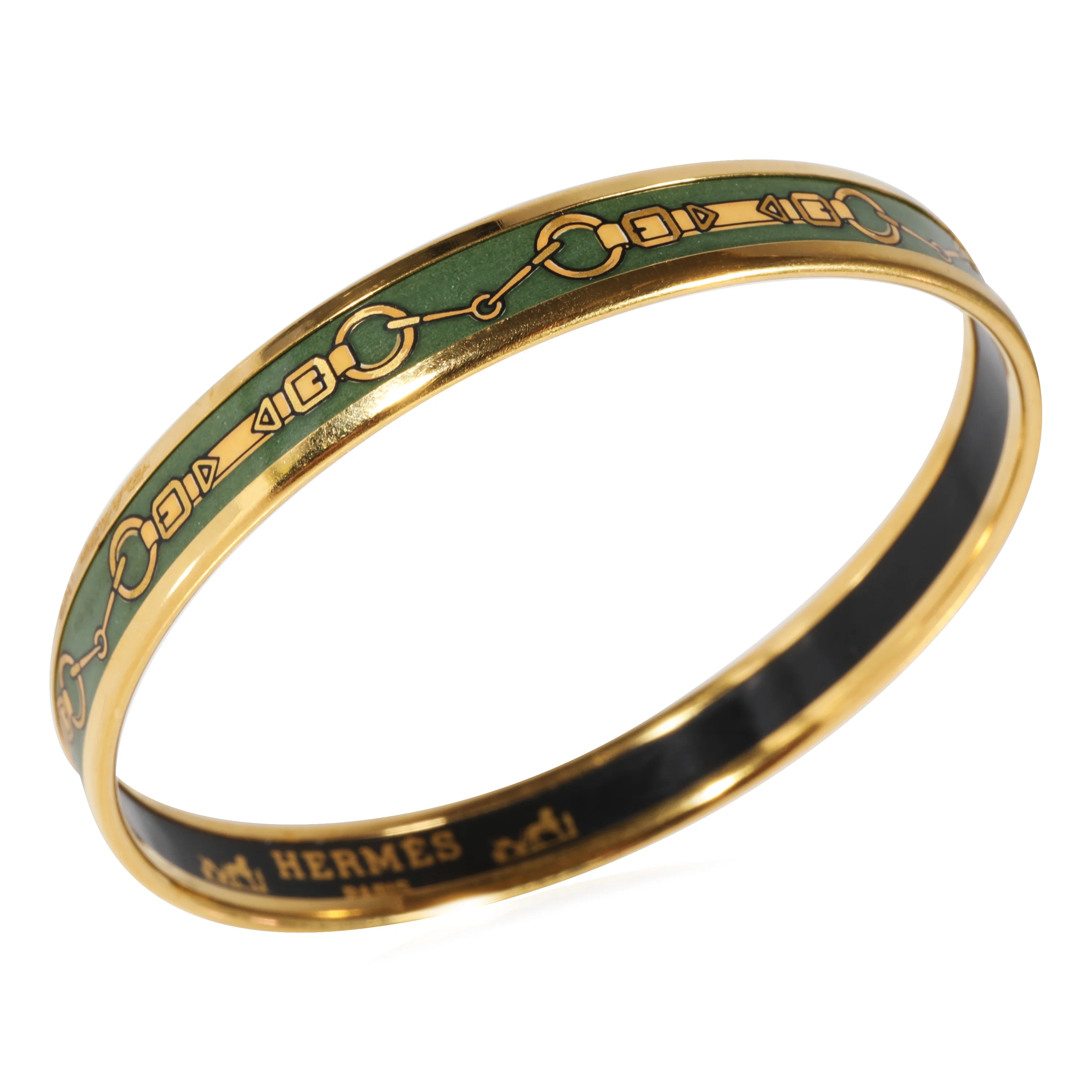Hermes Gold Plated Narrow Green Enamel Mors de Filet Bangle (62MM) - Image 4