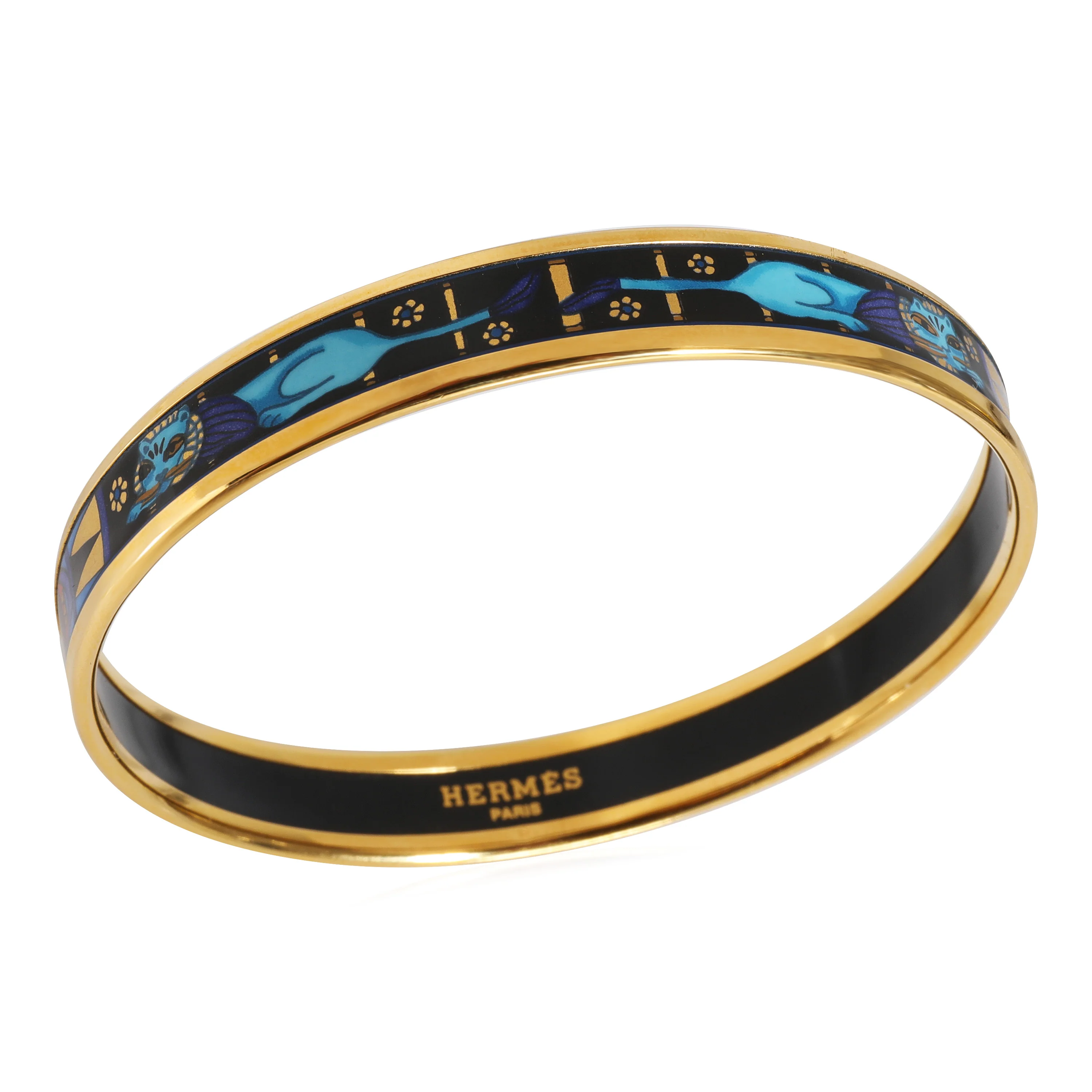 Hermès Plated Narrow Blue Enamel Crouching Cats Bangle Bracelet, 9mm - Image 3