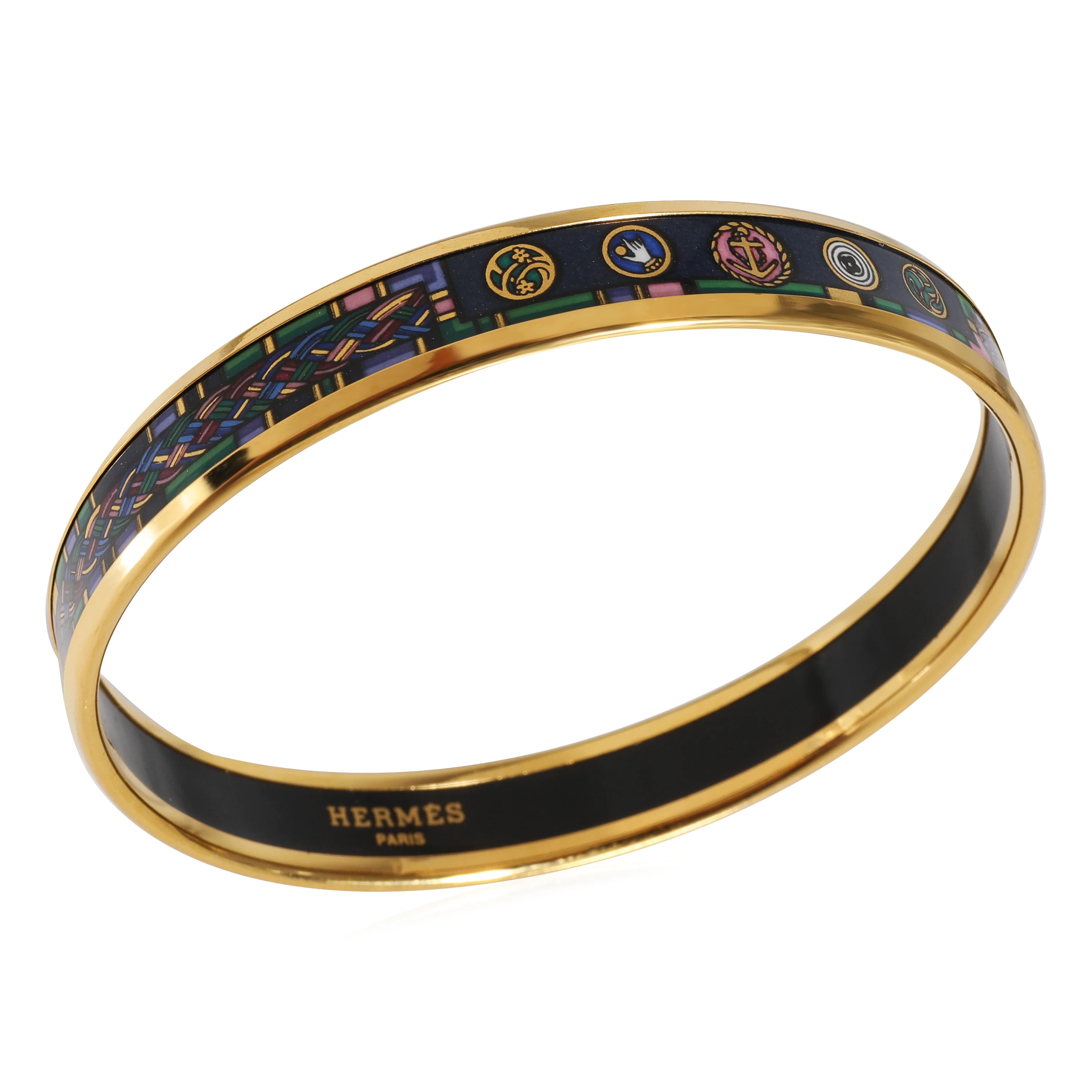 Hermès Plated Enamel Narrow Multi-Color Braids & Symbols Bangle (62MM) - Image 3