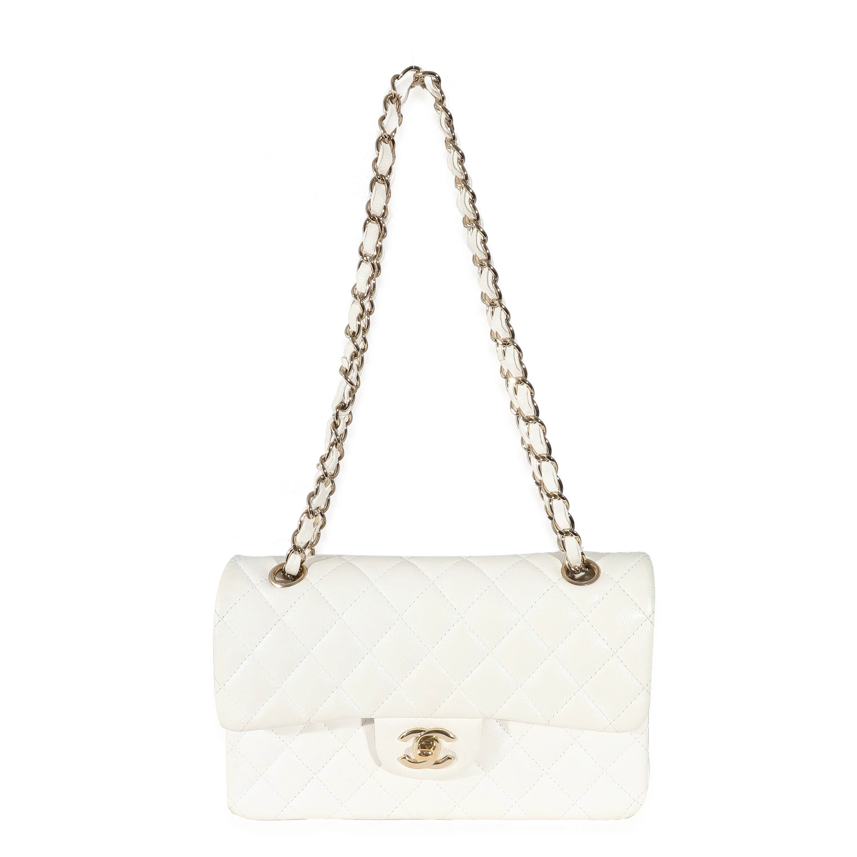 White Quilted Caviar Small Classic Double Flap Handbag - Image 3