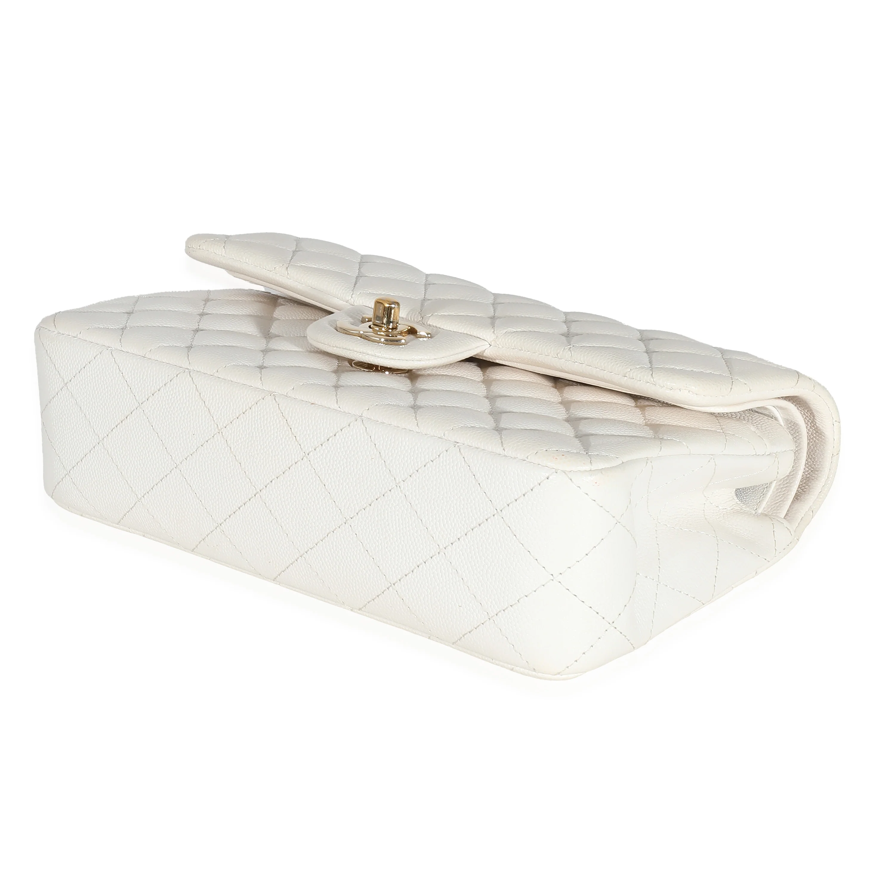 White Quilted Caviar Small Classic Double Flap Handbag - Image 4