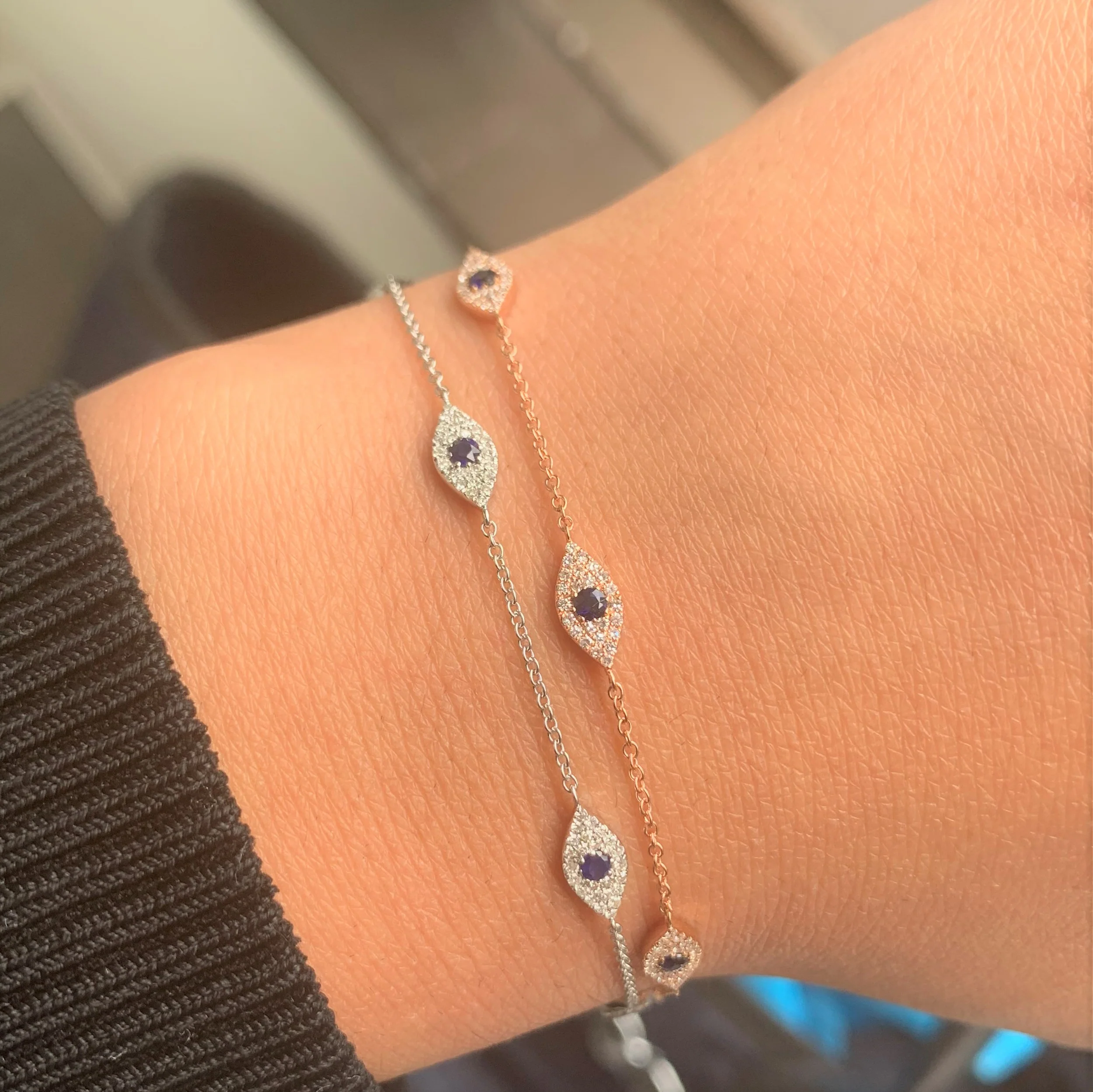 14k White Gold, Sapphire &  Diamond Evil Eye Bracelet - Image 3